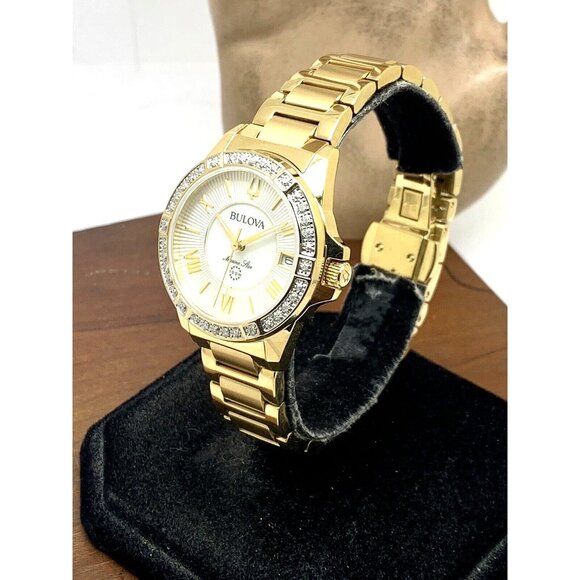 Bulova Women's Watch 98R294 Quartz Mother of Pearl White Dial Gold Crystals 32mm - Picture 2 of 14